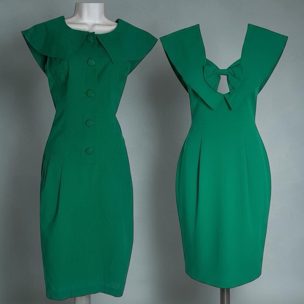 VTG Kelly Green Sailor Collar Wiggle Dress Back Bow Cutout Midi Secretary 80s 12